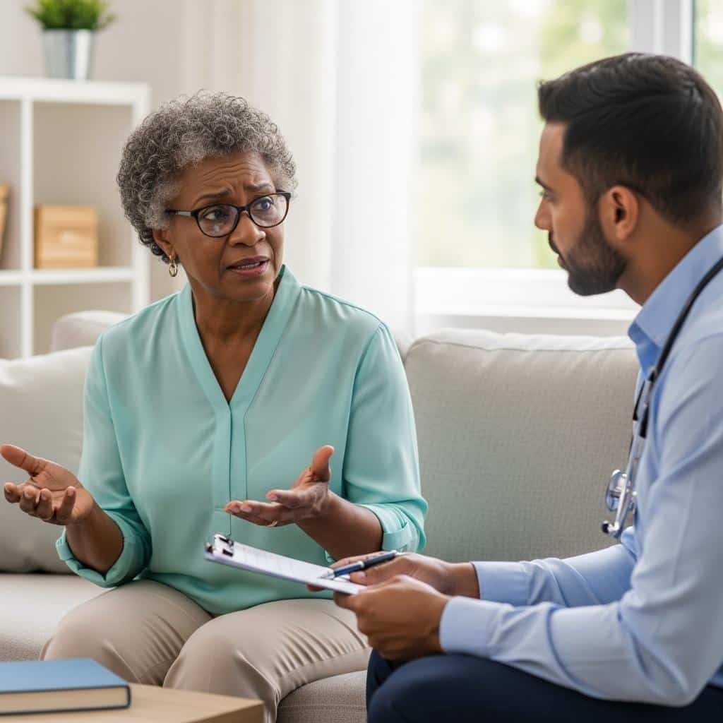 Older woman and healthcare worker sitting and talking in a bright living room, waist-up