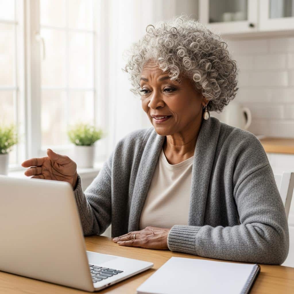 Older woman teaching from her kitchen via laptop, waist-up view