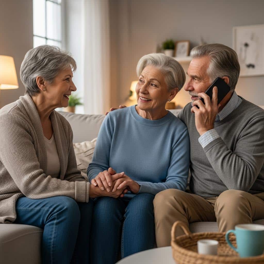 Older couple holding hands, talking on speakerphone with adult son in warm living room, waist-up