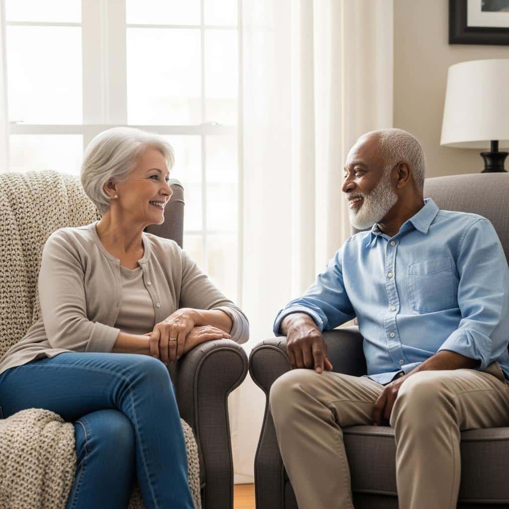 Older couple seated at a 90-degree angle on soft chairs in a comfortable living room