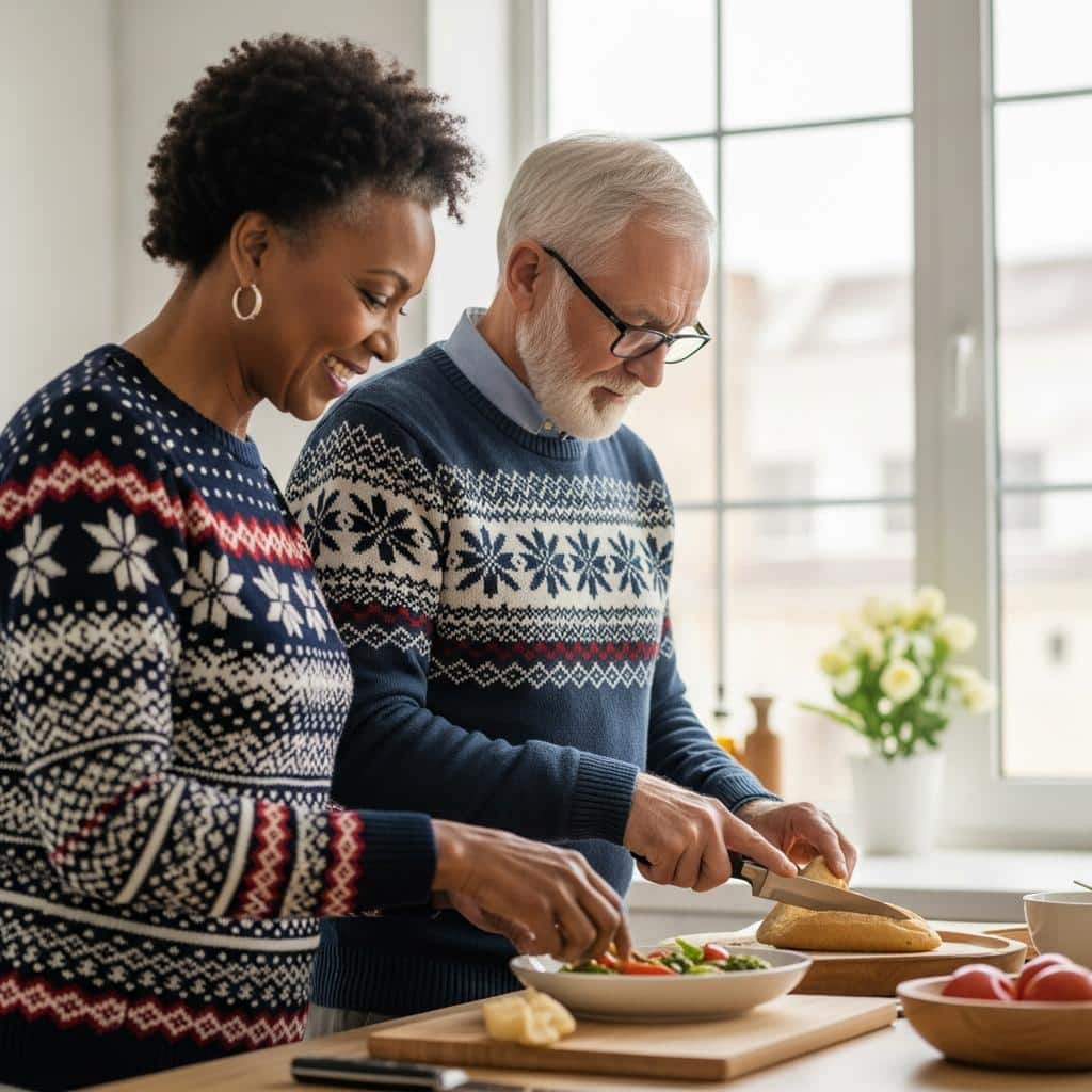 Older couple working together in a bright kitchen, slicing bread and arranging food, waist-up