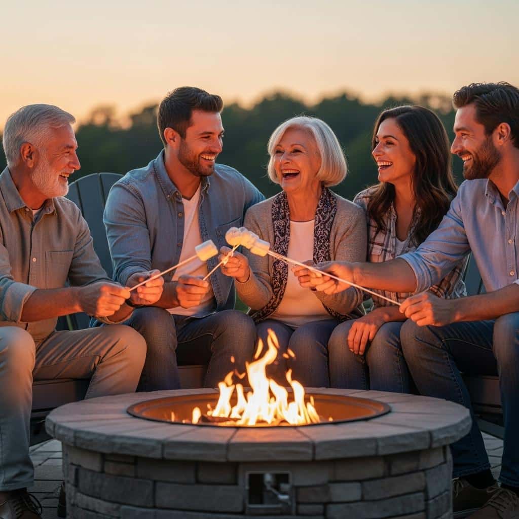 Older couple and adult family gathered around patio fire pit, laughing and toasting marshmallows