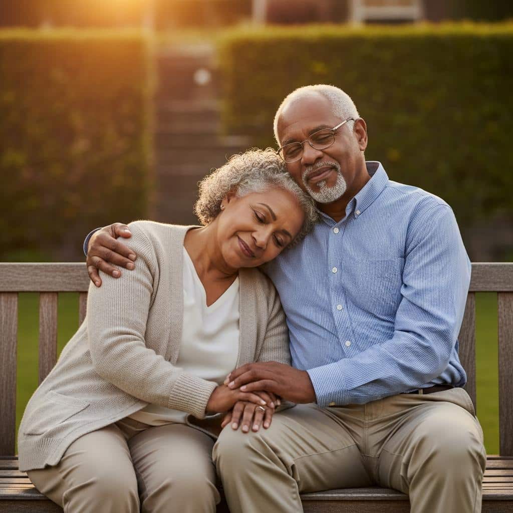 Older couple sitting on garden bench, embracing with eyes closed, full-body
