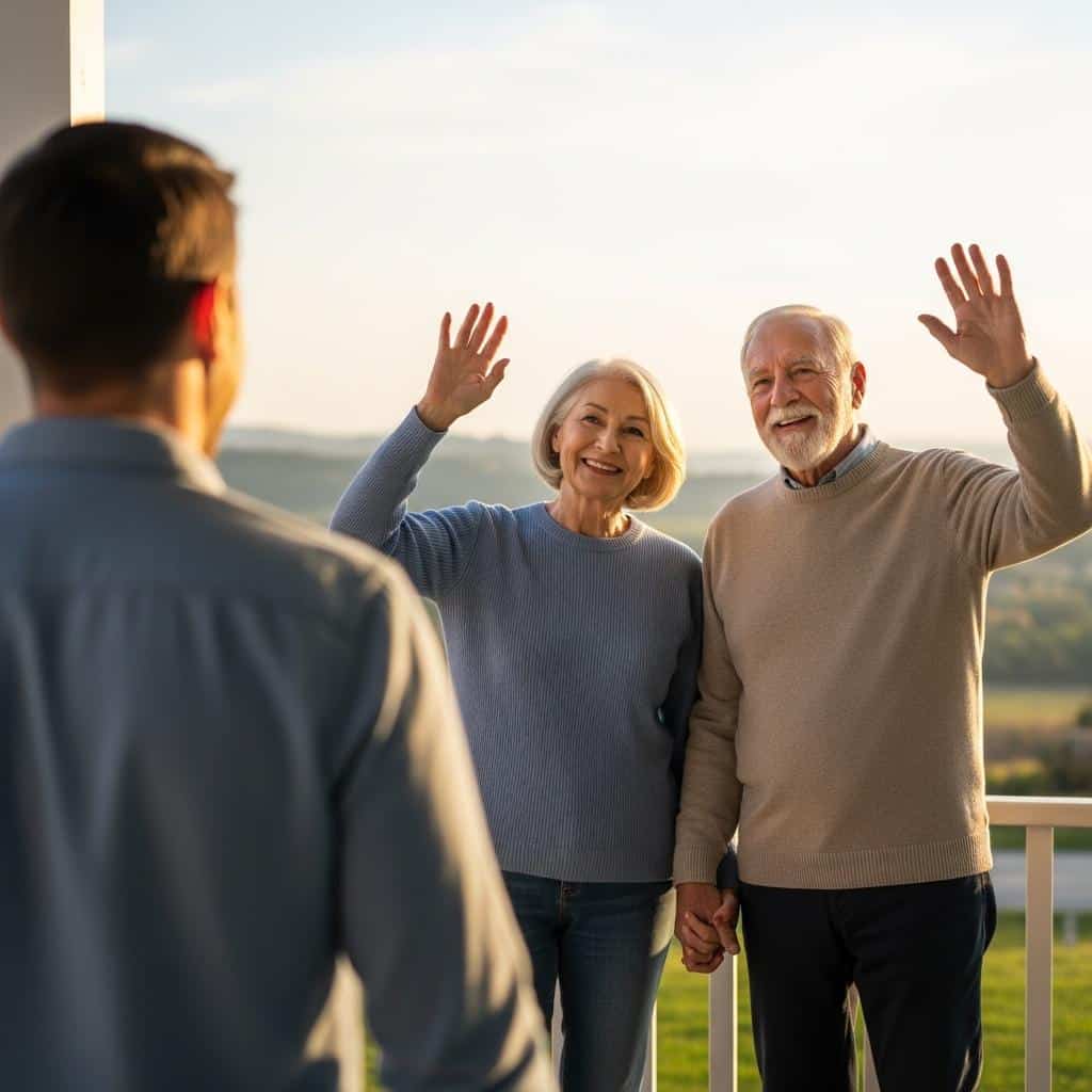 Older couple waving goodbye from their porch at sunset, seen from over the son’s shoulder