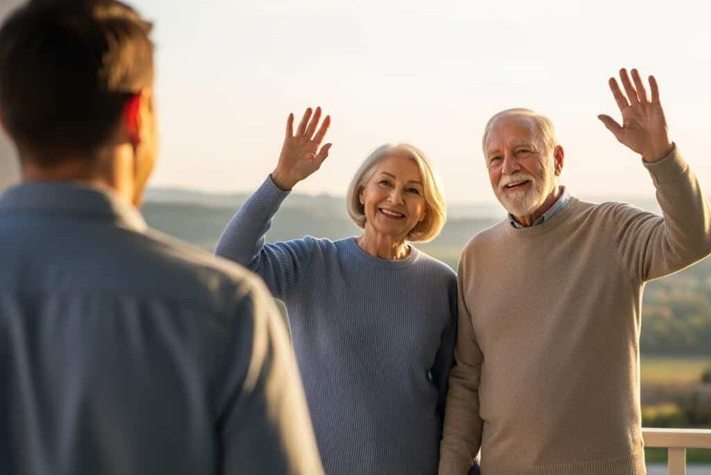 Older couple goodbye son porch sunset[1]