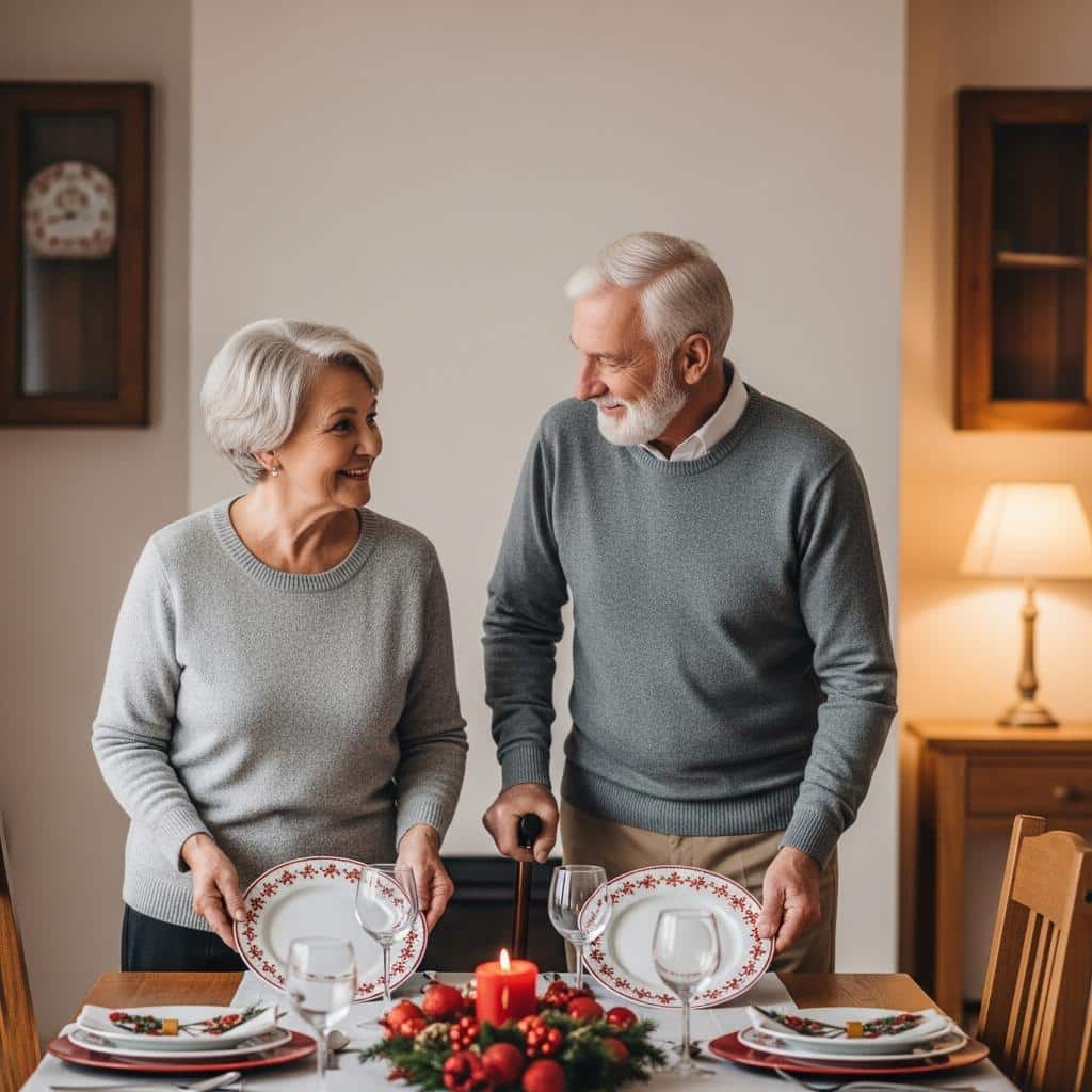Older couple, man with a cane, setting holiday table with plates and silverware, both looking pleased