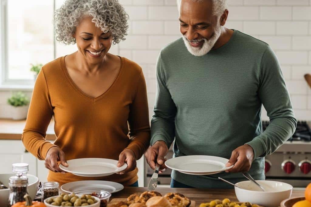 Older couple setting up buffet kitchen counter[1]