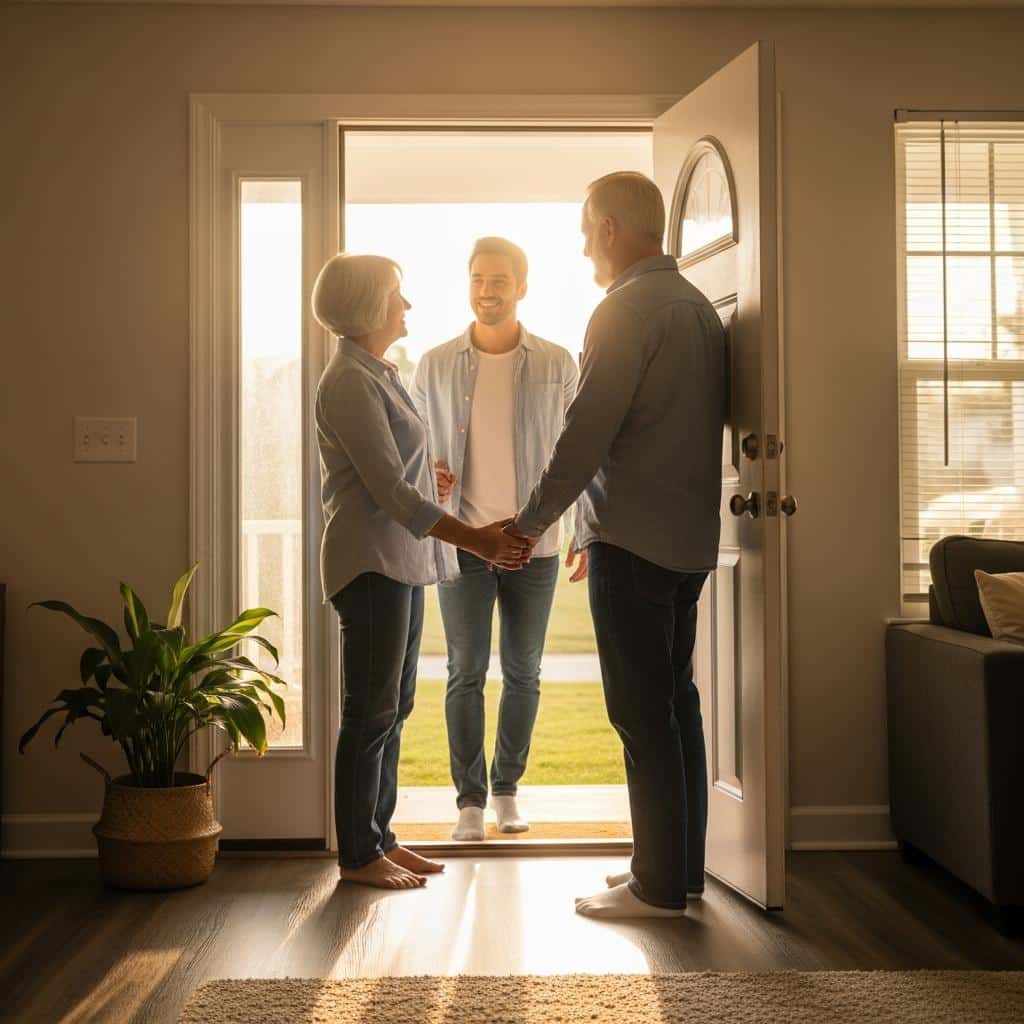 Older couple walking a guest to the front door in a sunlit living room, smiling together