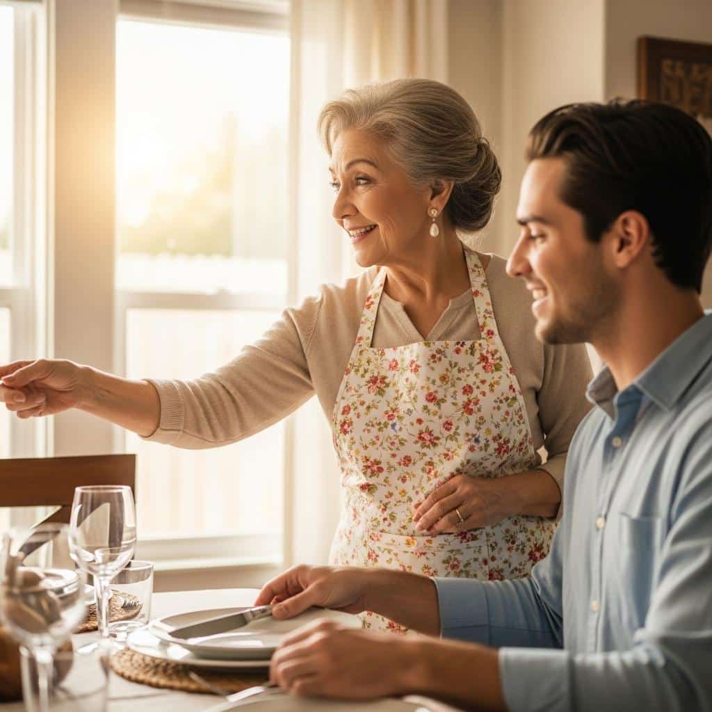 Older woman in apron smiling and giving guidance while another person sets the dining table, waist-up side view
