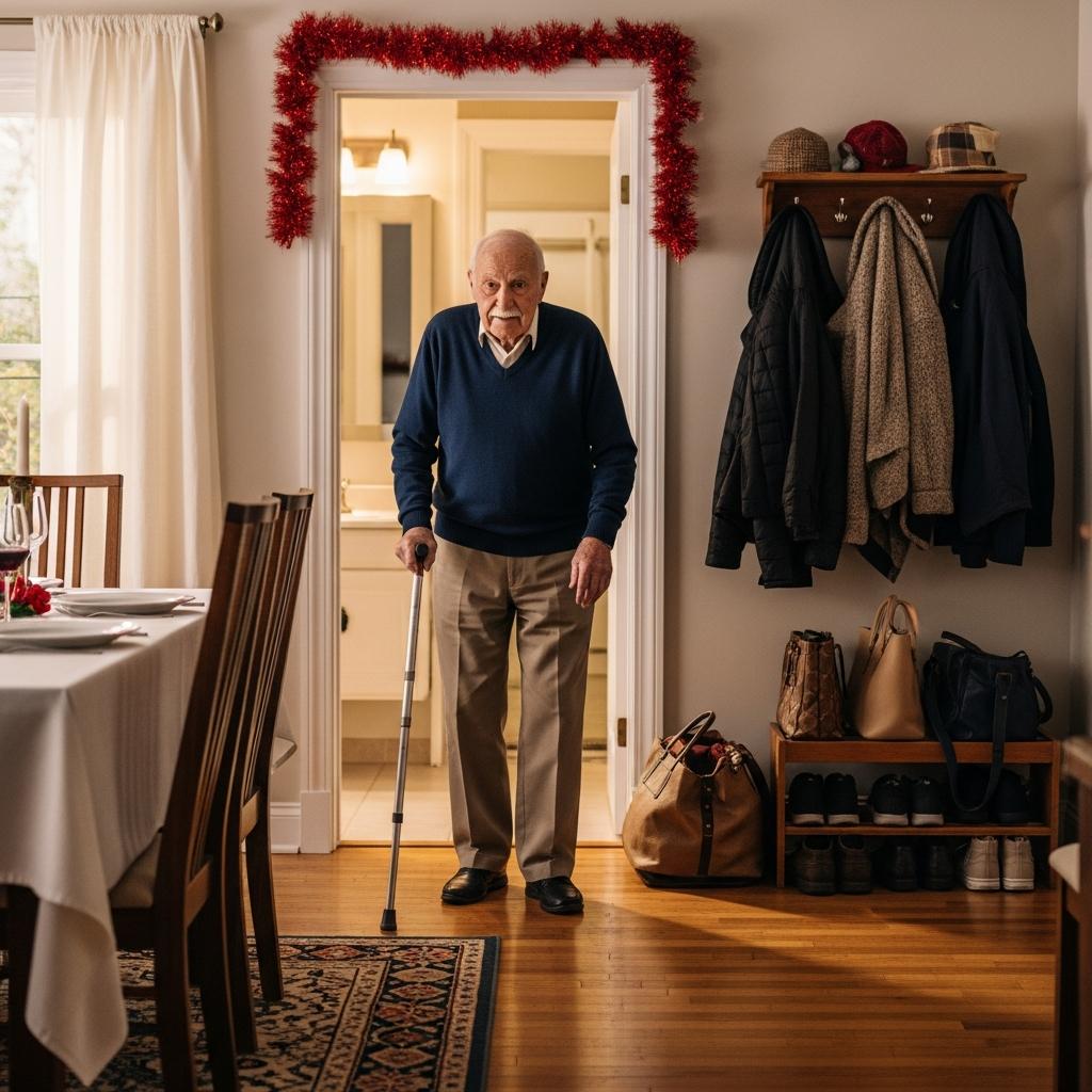 Older man with cane walking along an unobstructed path through a dining room during Thanksgiving, full-body