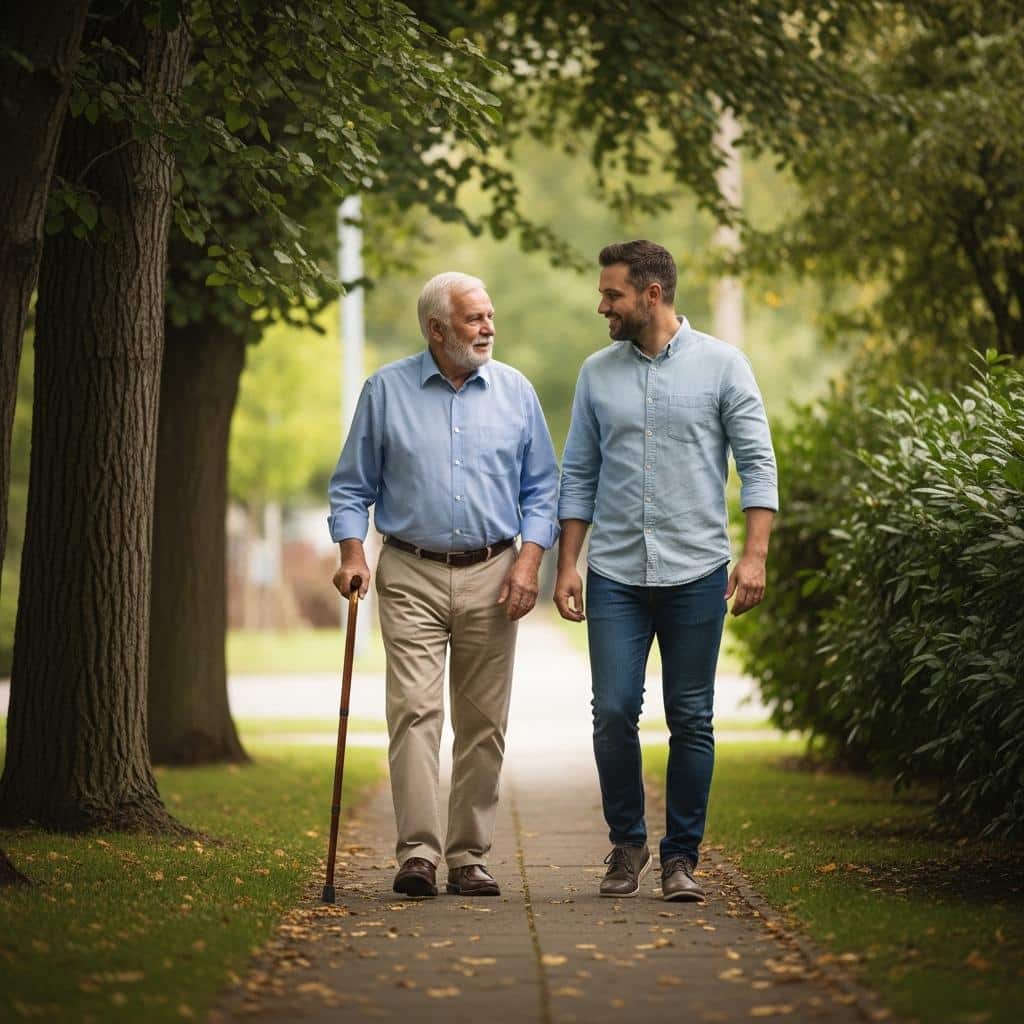 Older man with a cane walking with adult son, engaging in conversation outdoors