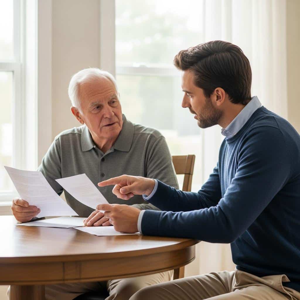 Older man and adult son reviewing papers at a dining table, waist-up