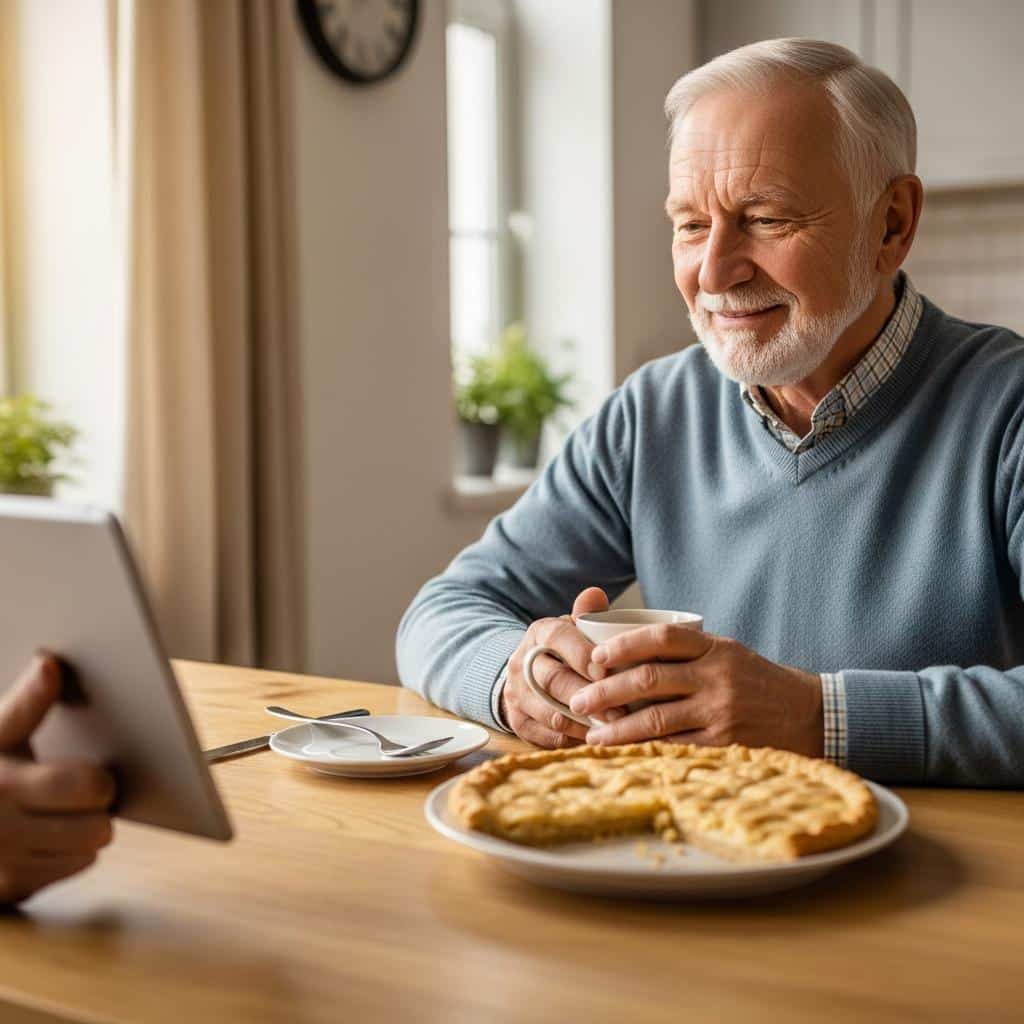 Older man video calling at the kitchen table, relaxing with coffee and pie in soft daylight