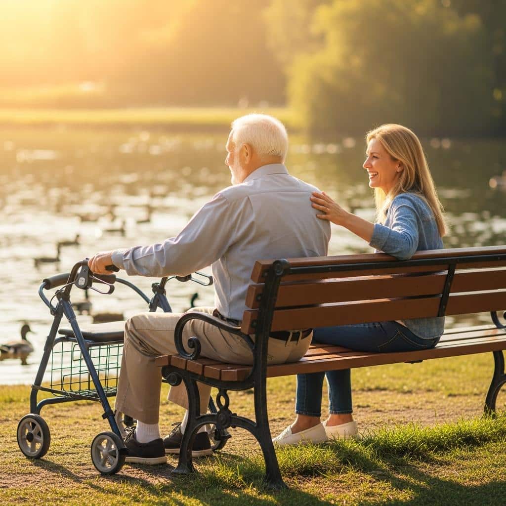 Older man with walker and adult daughter enjoying the park from a bench, full-body view