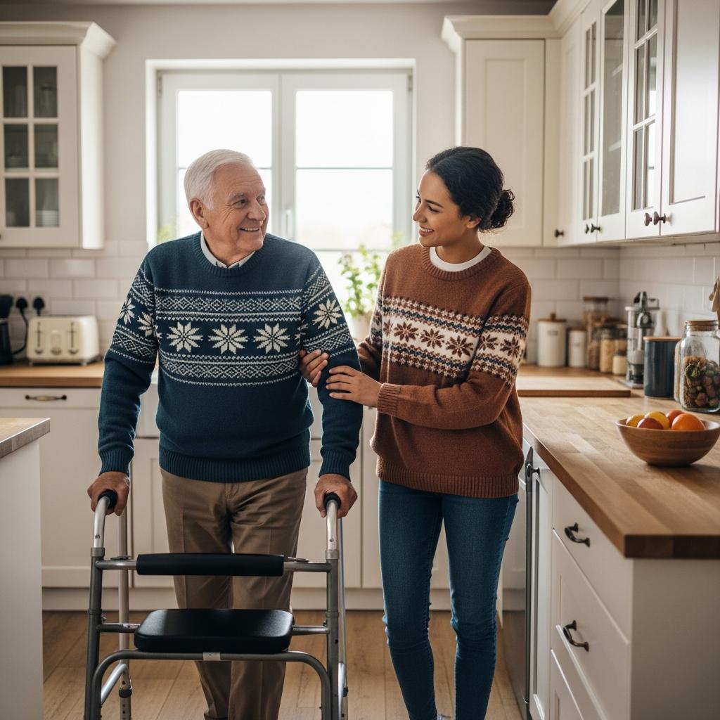 Older man walking with a walker through a clutter-free kitchen, guided by a family member, full-body