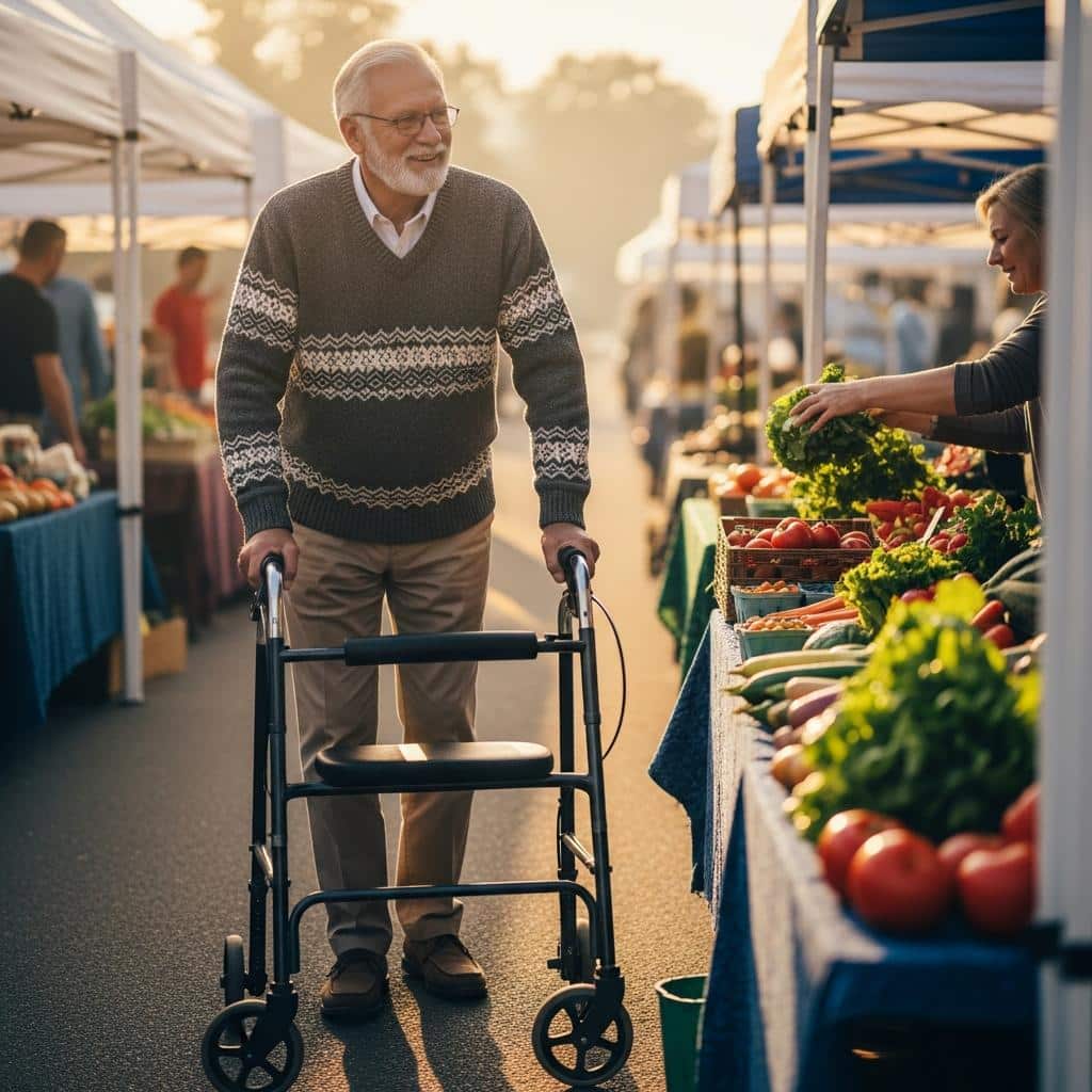 Older man using a walker selecting produce at a farmers market, full-body view