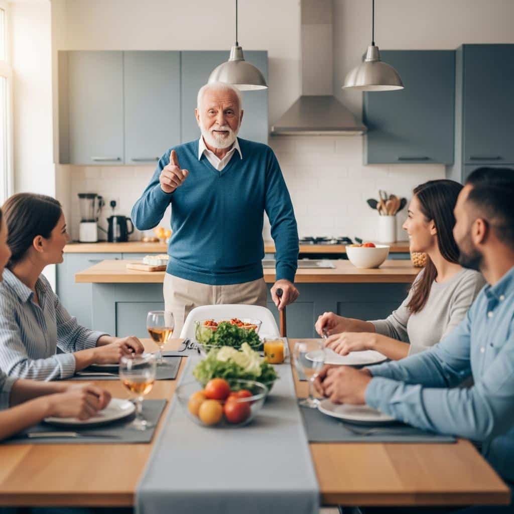 Older man using cane leading and giving directions at the head of a busy kitchen table, full-body view