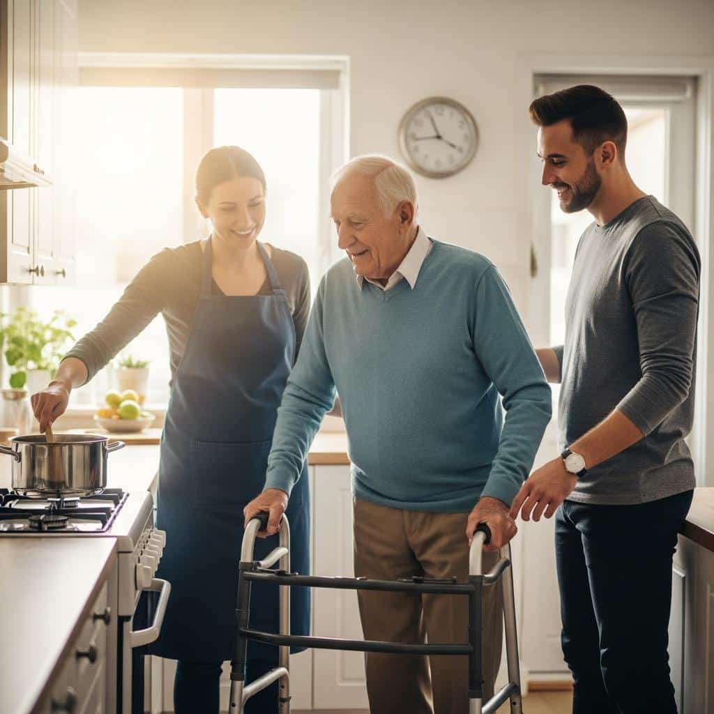 Older man using walker stirs pot on stove with younger adult assisting by his side