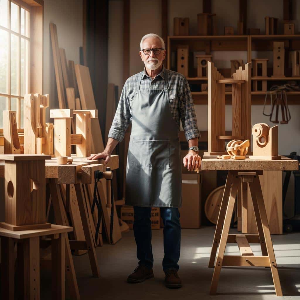 Older man standing in workshop with woodworking tools and finished pieces, full-body view