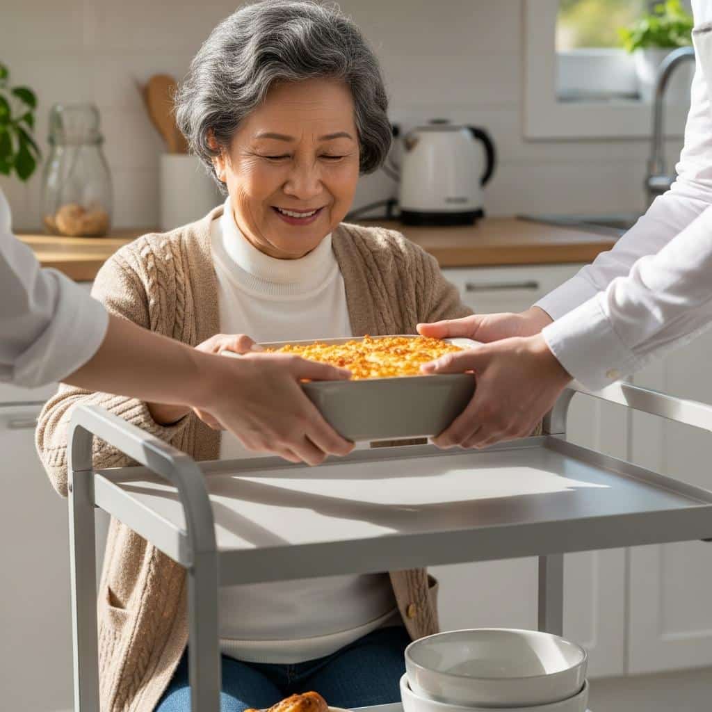 Older woman receiving help to move a dish onto a rolling cart, smiling