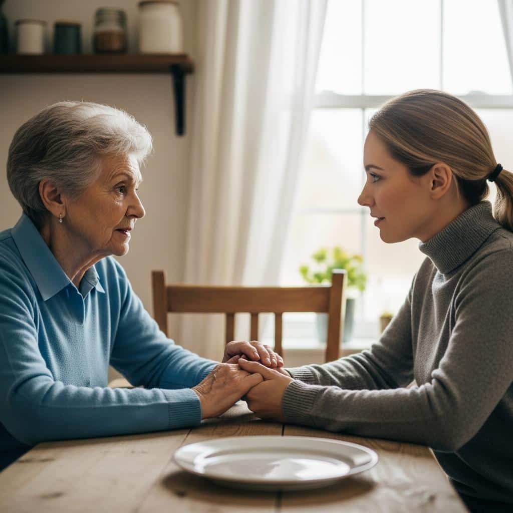 Older woman and adult daughter sitting at a kitchen table, gently holding hands and talking, waist-up