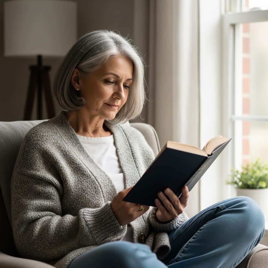 Older woman reading a book in an armchair by the window, relaxed and deeply absorbed