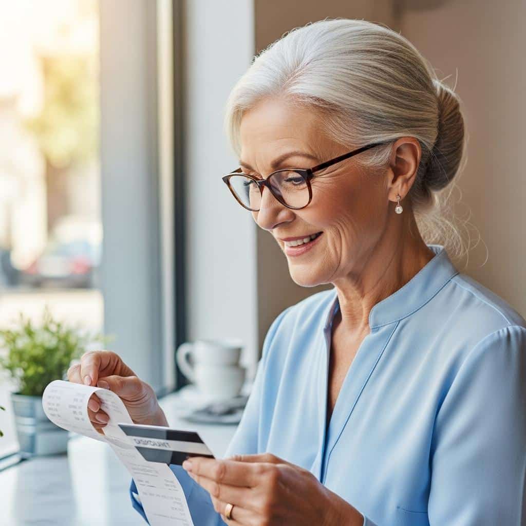 Older woman smiling at café counter while reviewing a receipt and discount card, waist-up