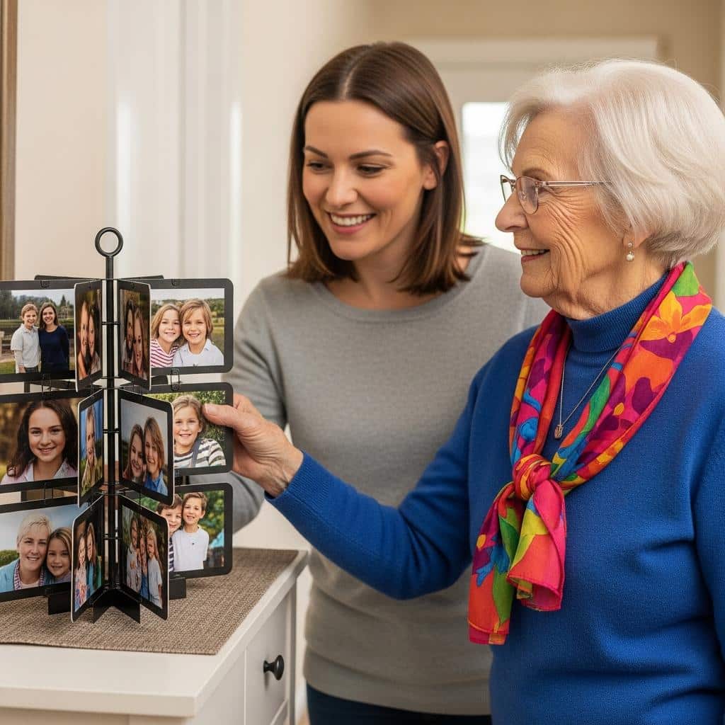 Older woman and her adult daughter admiring family photos together in the living room