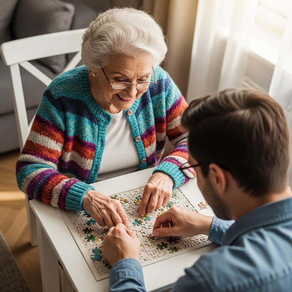 Older woman and her adult son working on a puzzle together at a table, overhead view