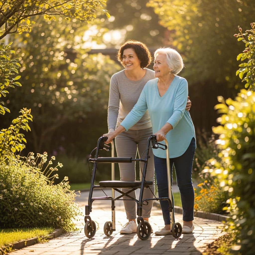 Older woman with a walker walking outdoors with her adult daughter, full-body