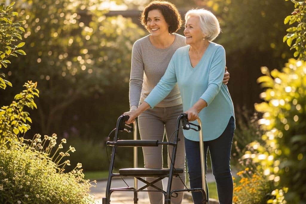 Older woman walker daughter garden walk[1]