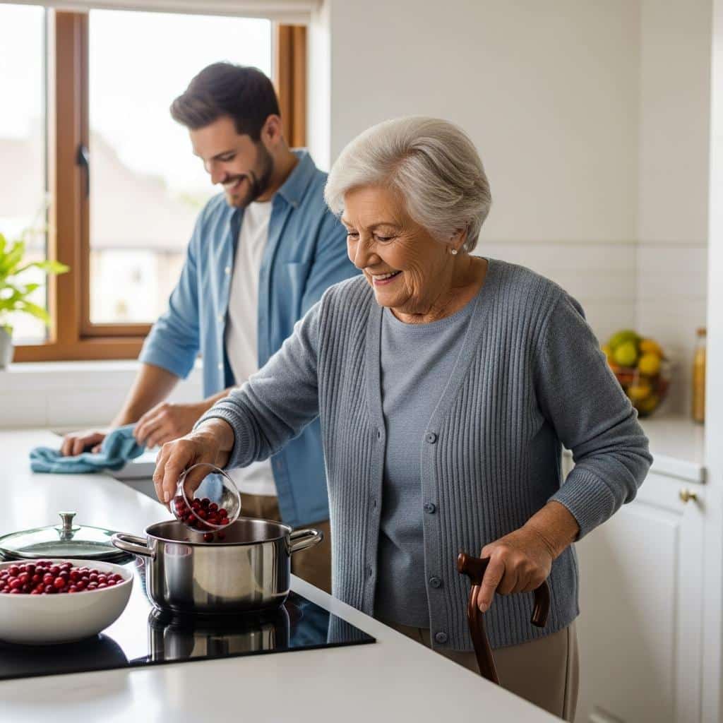 Older woman using cane adds cranberries to pot while adult son tidies the kitchen