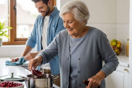 Older woman with cane cooking with son[1]