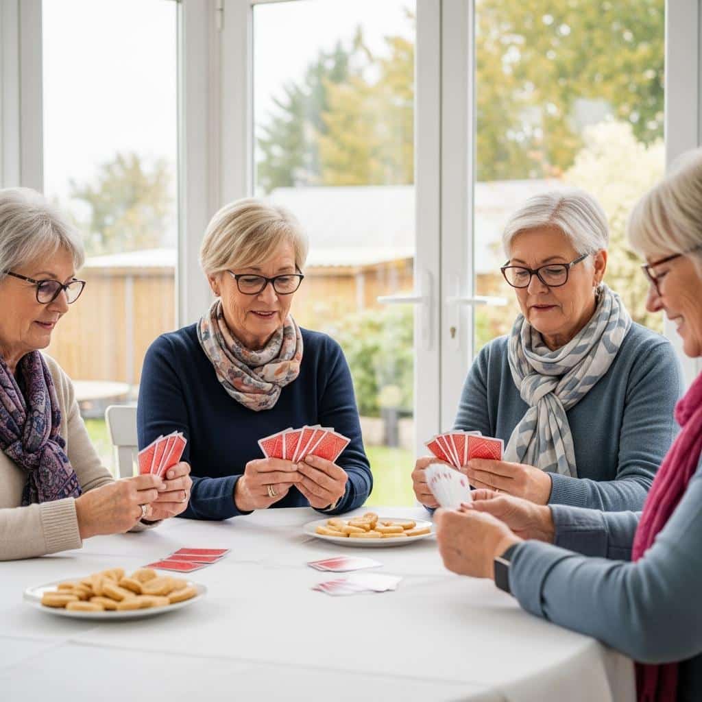 Four older women playing cards and eating snacks in a sunroom, waist-up center view