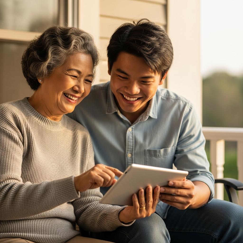 Senior woman and young adult grandchild smiling and looking at a tablet while shopping online on a porch