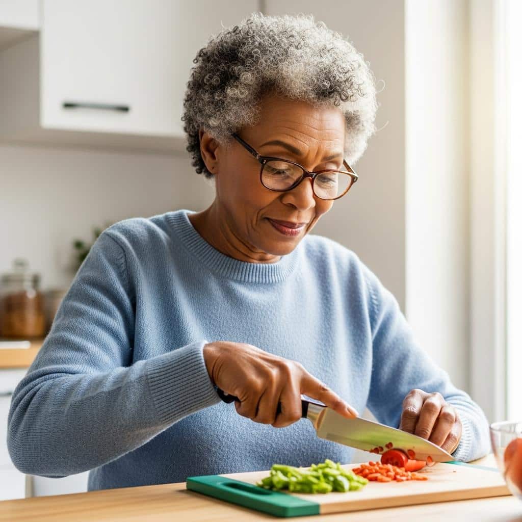 Elderly woman sitting at a table chopping vegetables with a comfortable smile