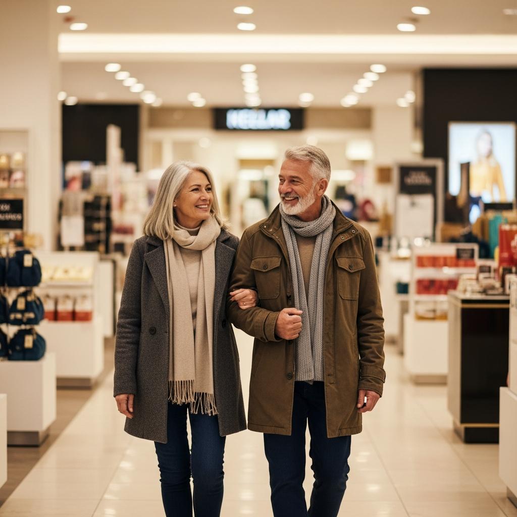 Older couple in autumn clothes calmly walking together in a quiet department store