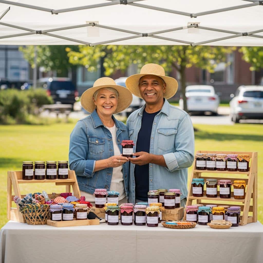 Older couple arranging homemade goods at a farmers market, full-body view