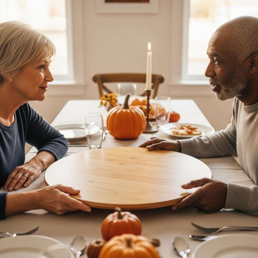 Senior couple seated at table using a lazy Susan to share food