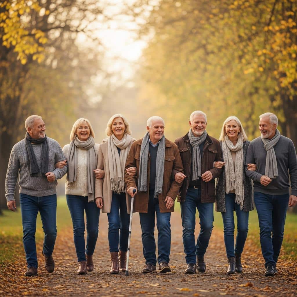Group of older adults, one with a cane, walking together in a sunny autumn park, full-body