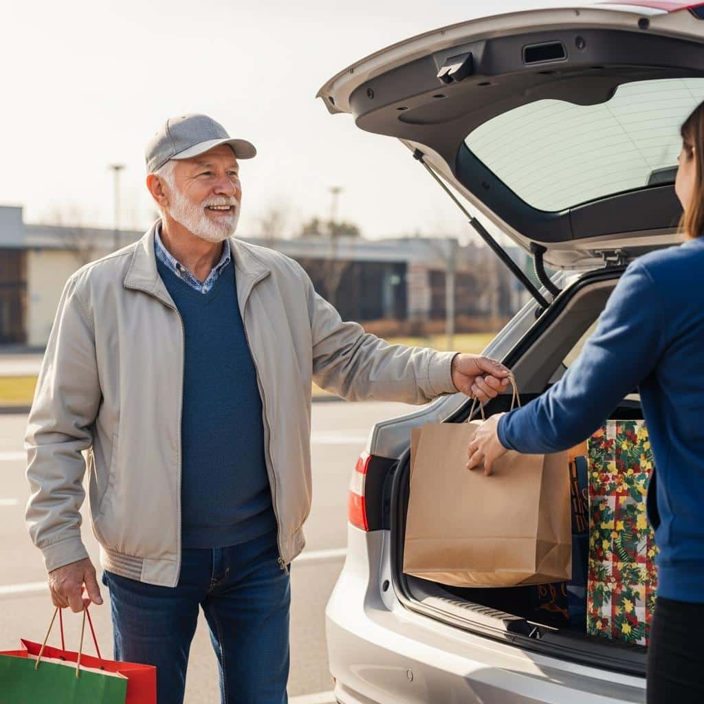 Senior man smiling as staff loads shopping bags into his car during curbside pickup