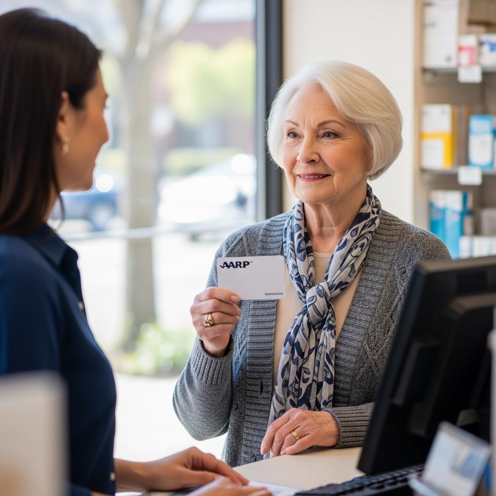 Senior woman at a pharmacy counter presenting her AARP card to a cashier