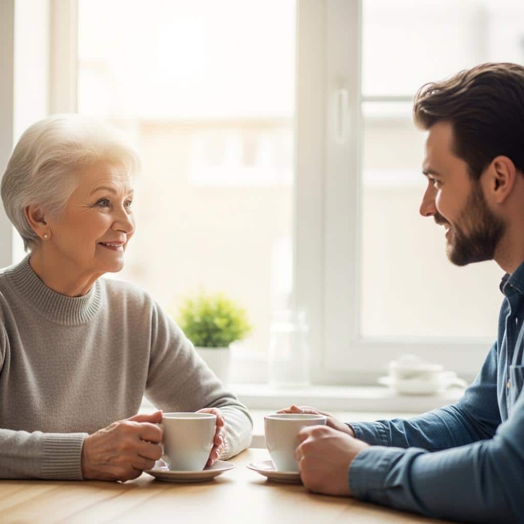 Older woman and adult son enjoying coffee together at a bright kitchen table, waist-up