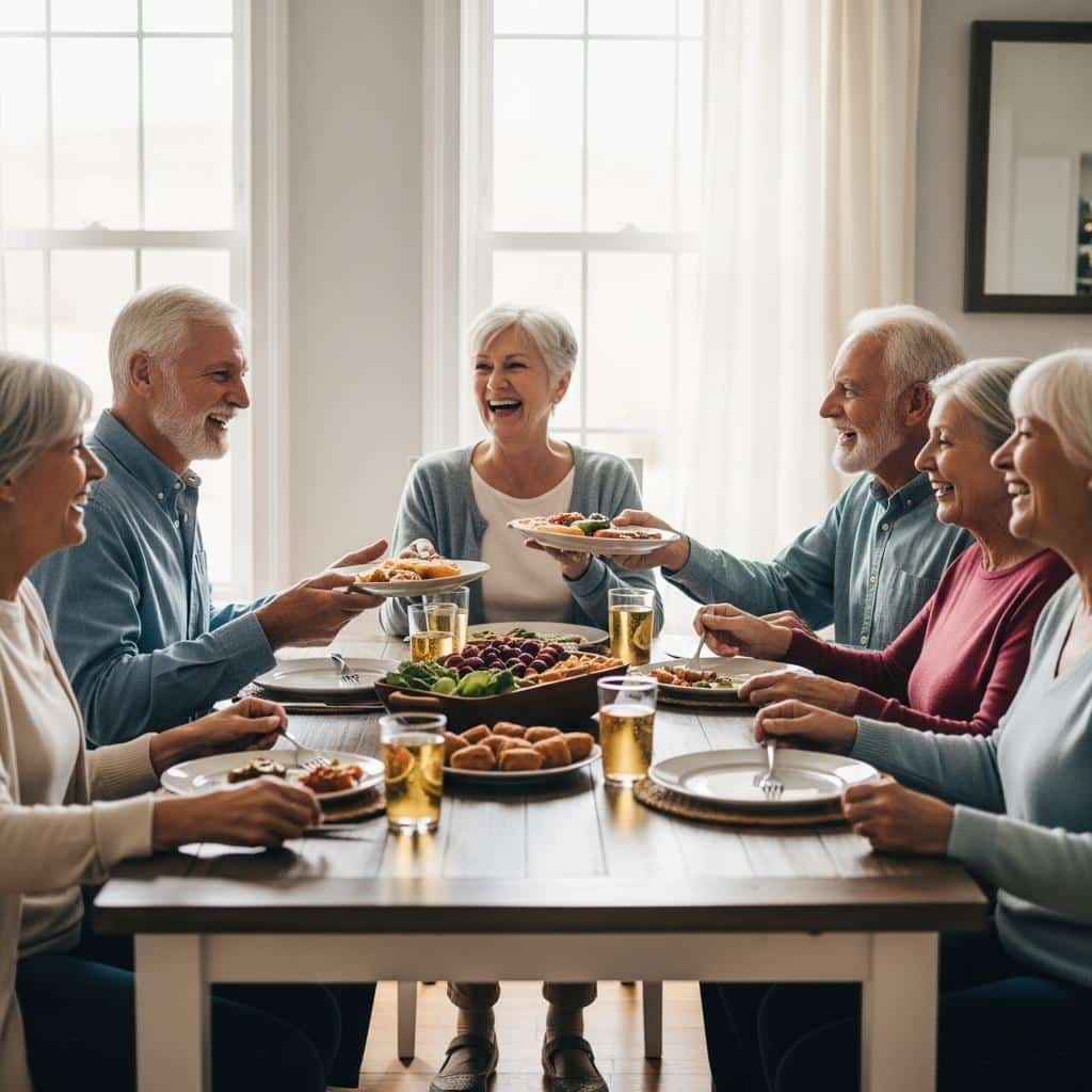 Group of seniors joyfully sharing a meal around a dining table, mid-body view