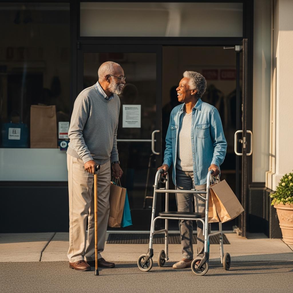 Two older men, one with a cane and one with a walker, smiling and carrying shopping bags outside a store