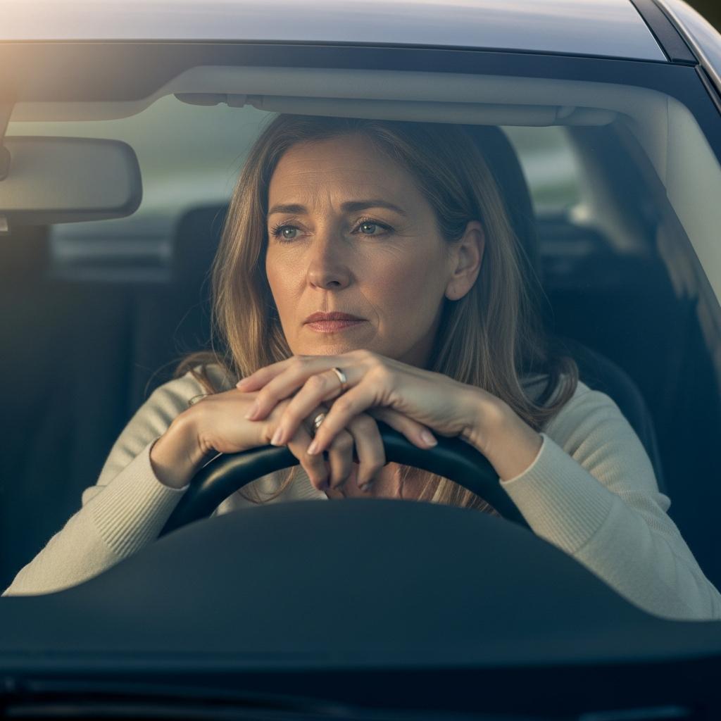 Older woman sitting in car, looking thoughtful before a visit