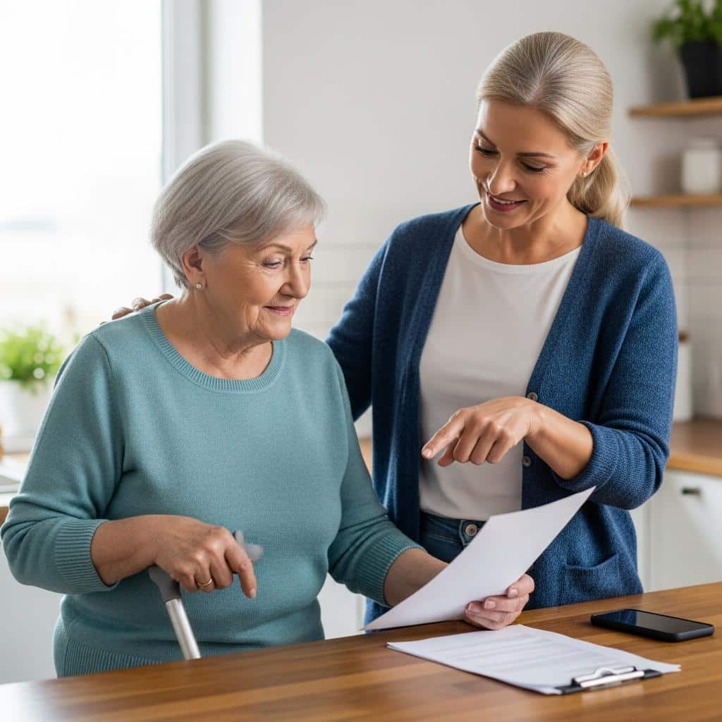 Adult daughter helping her mother, who uses a cane, review bills at kitchen counter