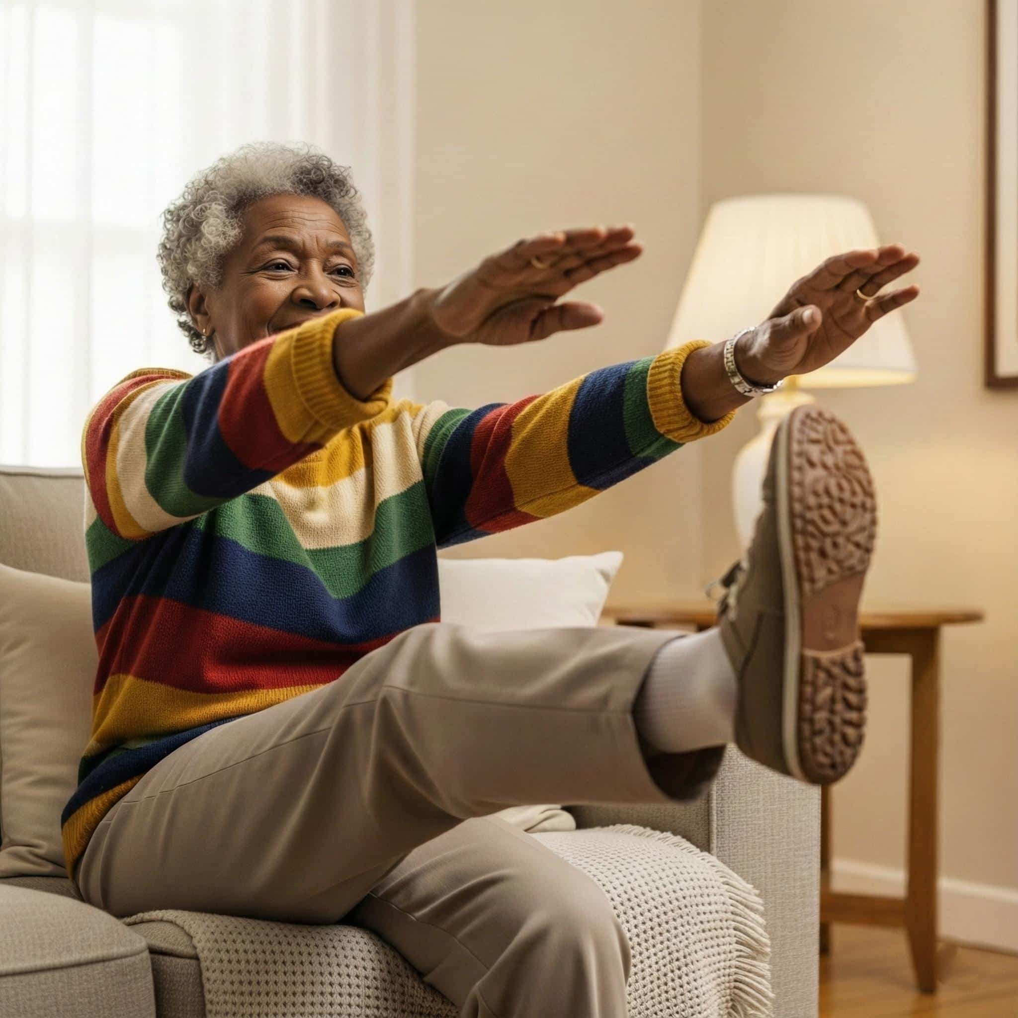 Older woman performing gentle chair exercises in a living room, waist-up view