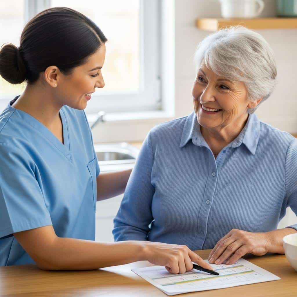 Caregiver and older woman reviewing a meal plan at kitchen counter, waist-up