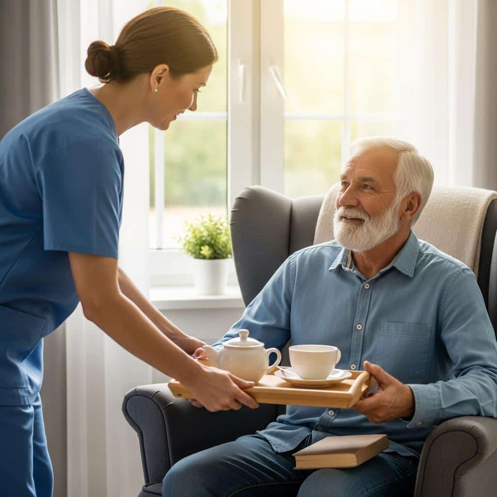 Caregiver assisting older man in armchair by bright window, tea and book nearby, waist-up